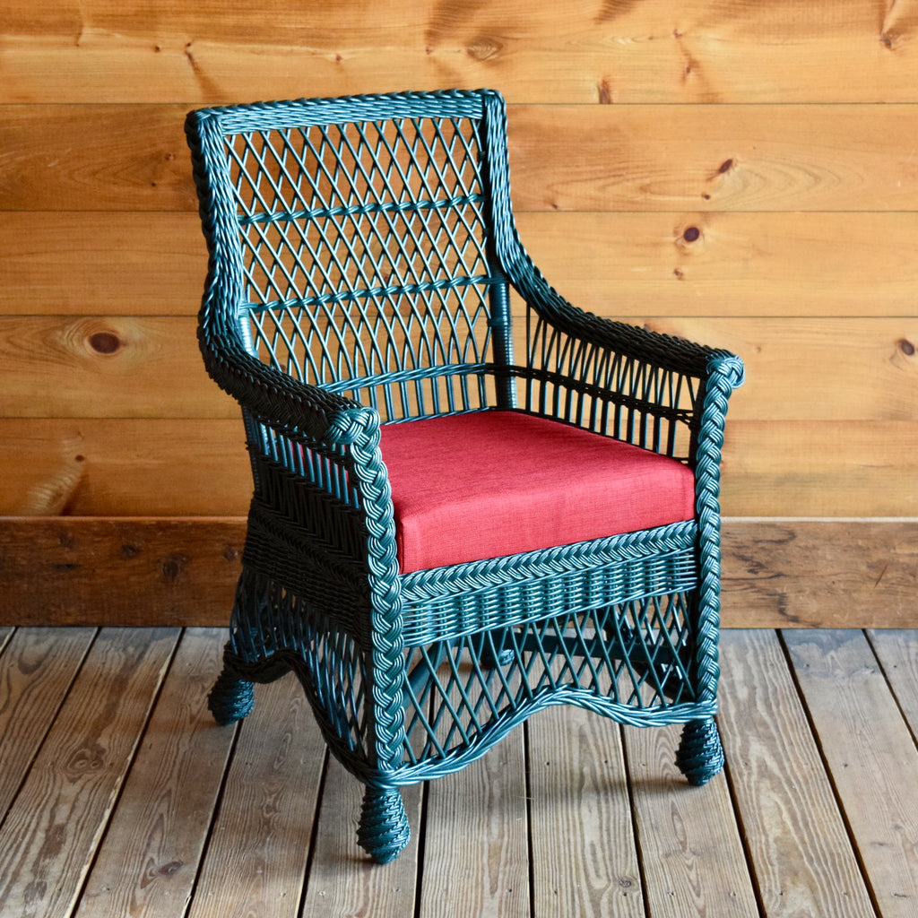 Rustic Green Wicker Dining Chair with Red Seat Cushion