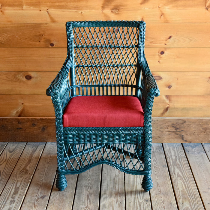 Rustic Green Wicker Dining Chair with Red Seat Cushion