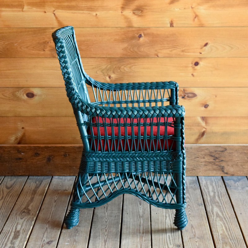 Rustic Green Wicker Dining Chair with Red Seat Cushion