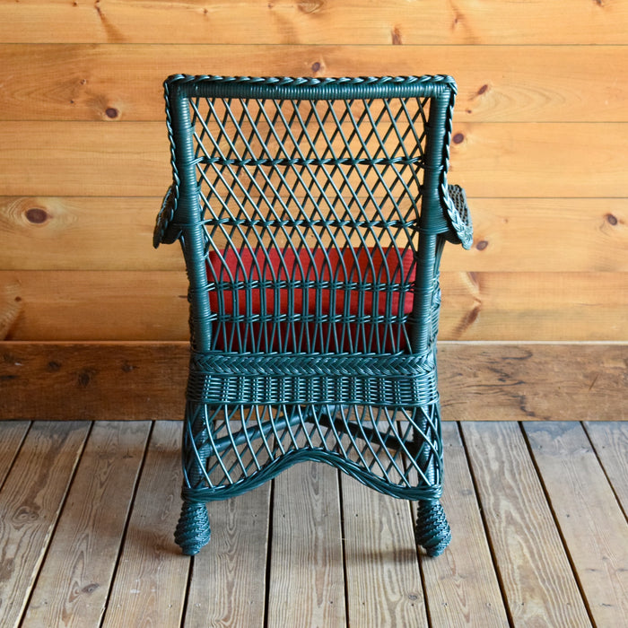 Rustic Green Wicker Dining Chair with Red Seat Cushion