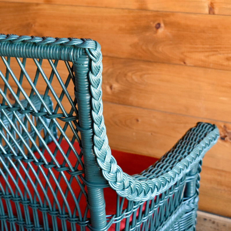 Rustic Green Wicker Dining Chair with Red Seat Cushion