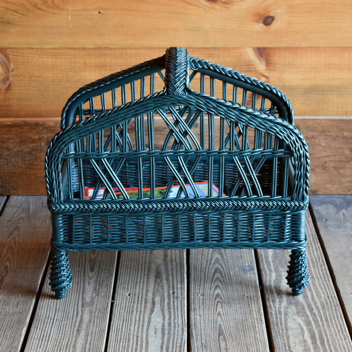 Painted Green Wicker Magazine Basket