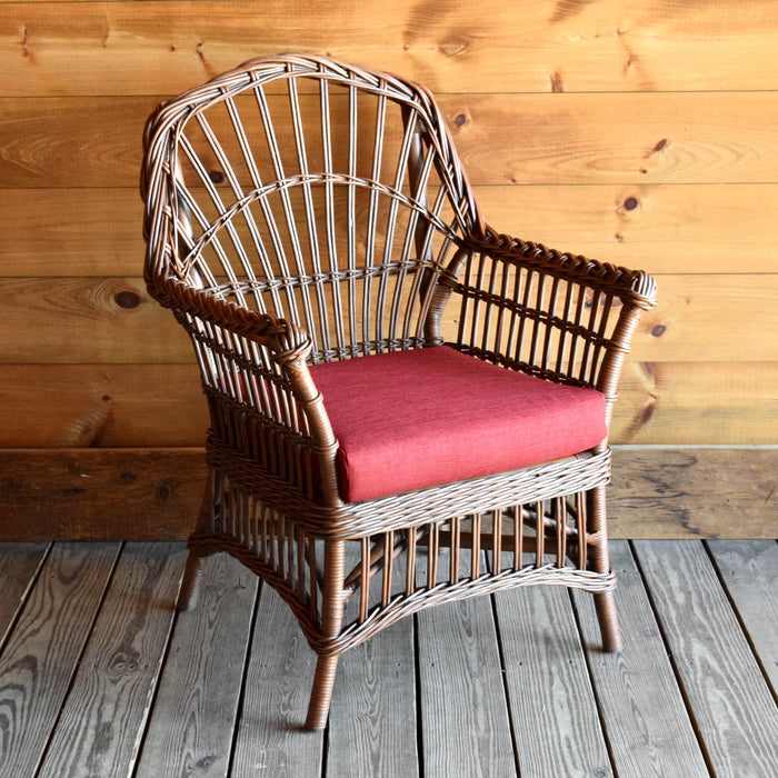 Rustic Natural Wicker Arm Chair with Red Cushion