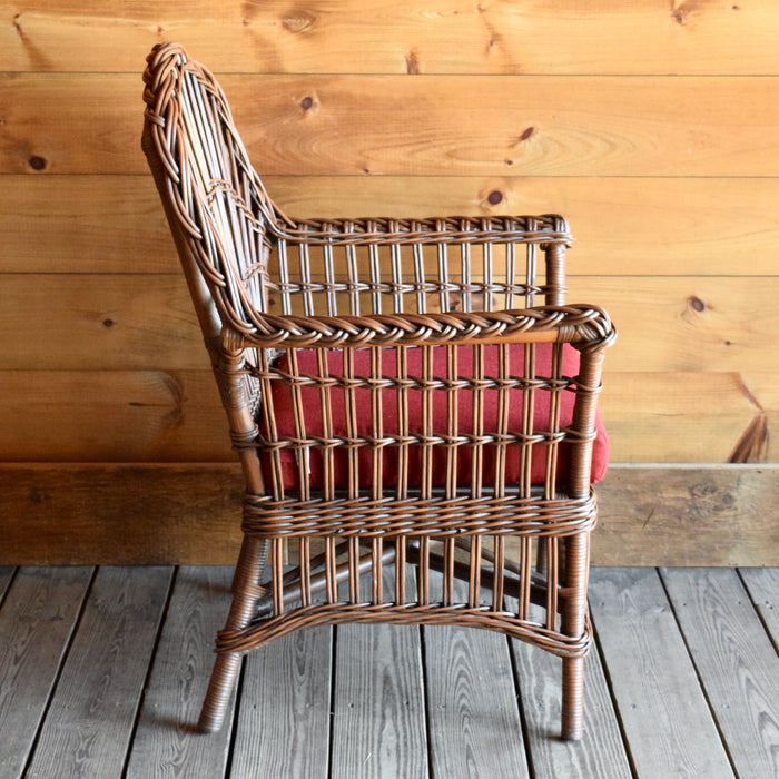 Rustic Natural Wicker Arm Chair with Red Cushion