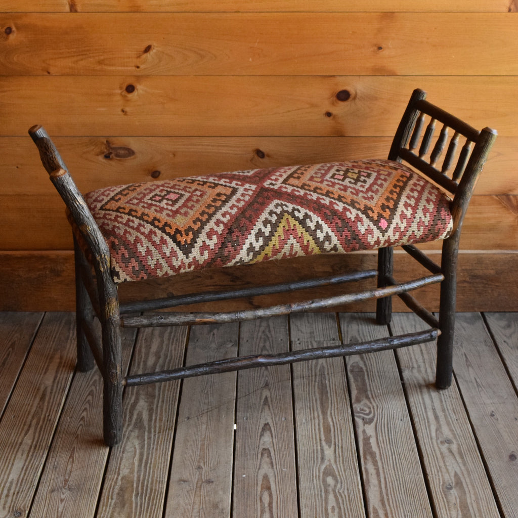 Steam-Bent Hickory Bench with Diamond Pattern Vintage Kilim Seat