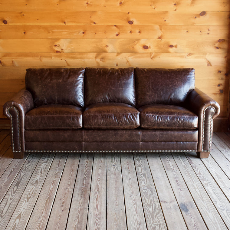 Large Rolled-Arm Chocolate Leather Sofa with Crackle Effect and Nailhead Trim