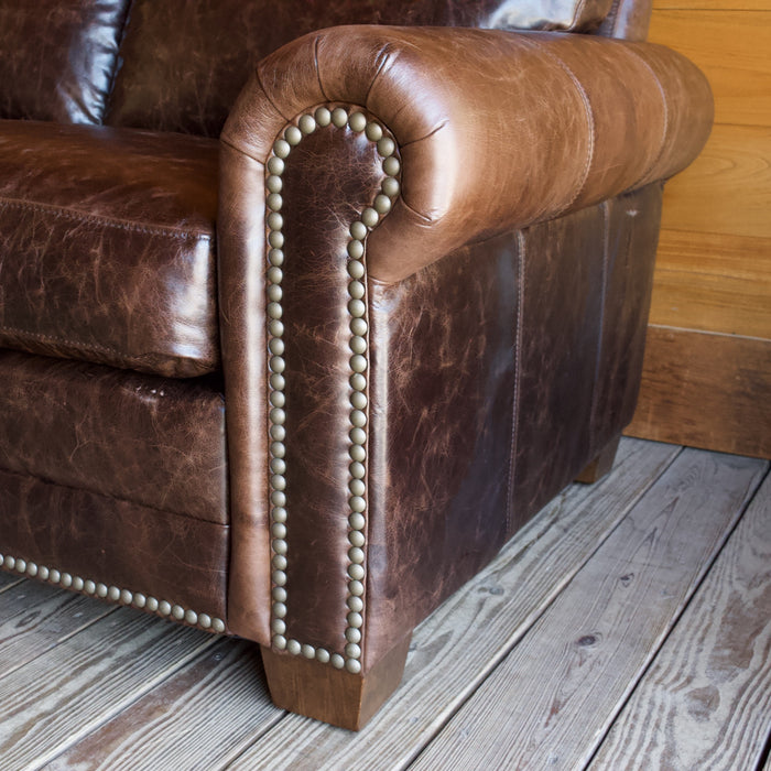 Large Rolled-Arm Chocolate Leather Sofa with Crackle Effect and Nailhead Trim