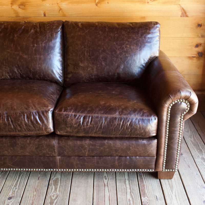 Large Rolled-Arm Chocolate Leather Sofa with Crackle Effect and Nailhead Trim