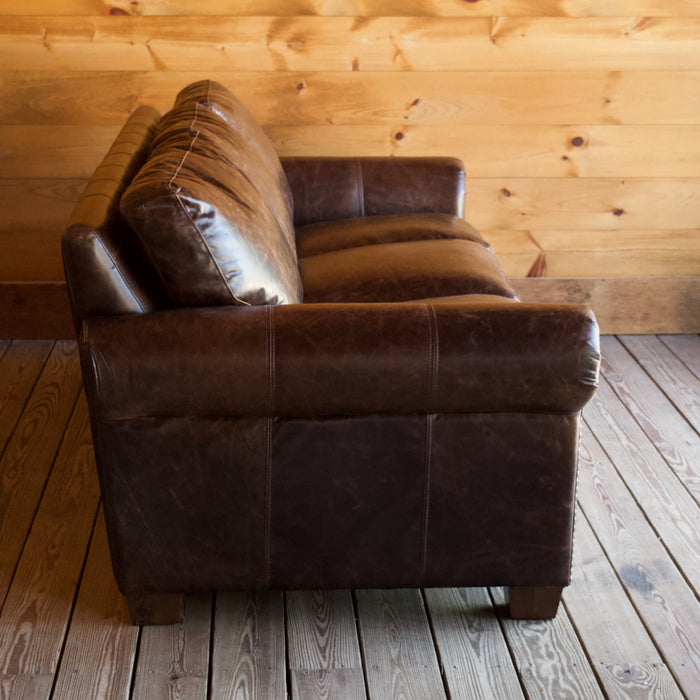 Large Rolled-Arm Chocolate Leather Sofa with Crackle Effect and Nailhead Trim