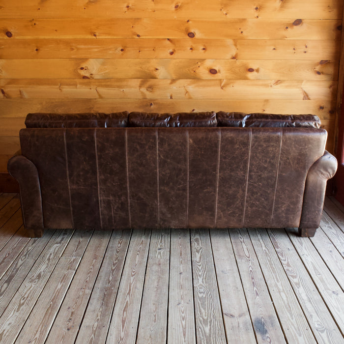 Large Rolled-Arm Chocolate Leather Sofa with Crackle Effect and Nailhead Trim