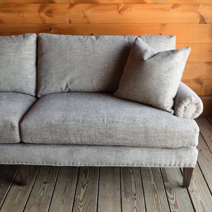 Rolled Arm Sofa Upholstered in Stain-Resistant Gray Heavy Duty Fabric with Tack Trim and Down Throw Pillows