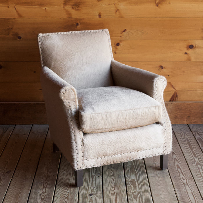 Rustic Arm Chair & Ottoman Upholstered in Cowhide Leather with Tack Trim