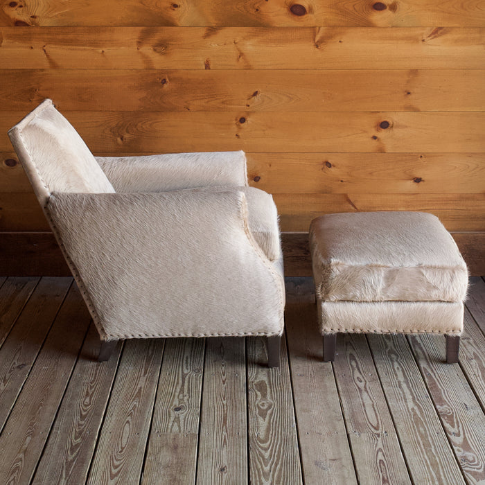 Rustic Arm Chair & Ottoman Upholstered in Cowhide Leather with Tack Trim