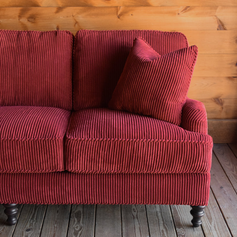 Red Velvet Sofa, English Arm Sofa with Hardwood Frame, Turned Legs and Matching Throw Pillows