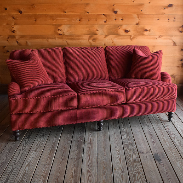 Red Velvet Sofa, English Arm Sofa with Hardwood Frame, Turned Legs and Matching Throw Pillows
