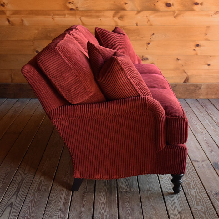 Red Velvet Sofa, English Arm Sofa with Hardwood Frame, Turned Legs and Matching Throw Pillows