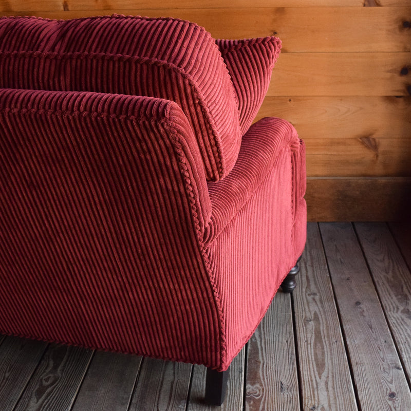 Red Velvet Sofa, English Arm Sofa with Hardwood Frame, Turned Legs and Matching Throw Pillows