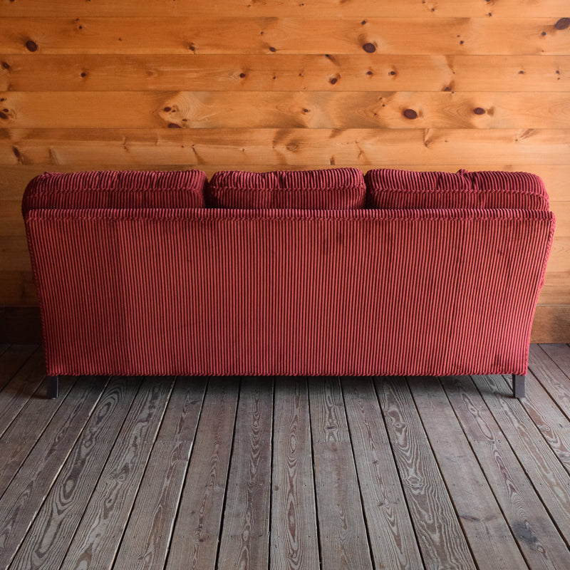 Red Velvet Sofa, English Arm Sofa with Hardwood Frame, Turned Legs and Matching Throw Pillows