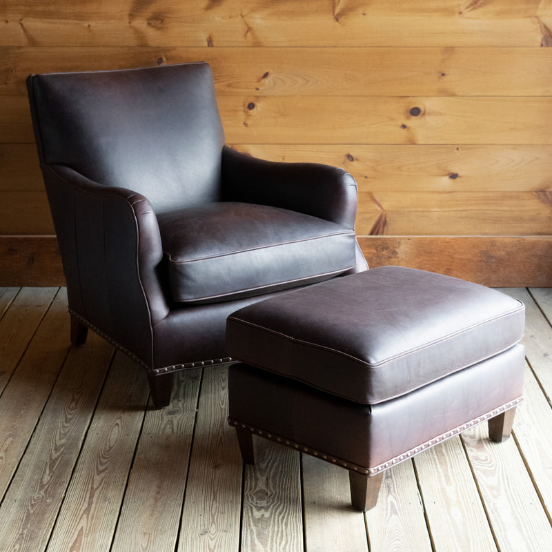 Lounge Chair and Ottoman Upholstered in Dark Mahogany Full-Grain Leather with Nailhead Trim