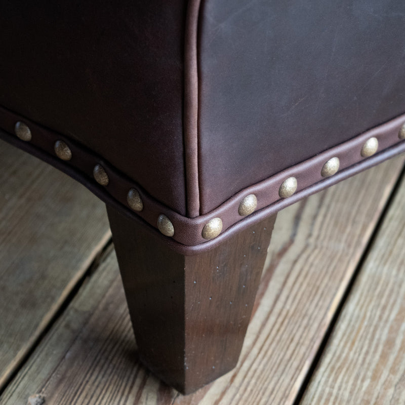 Lounge Chair and Ottoman Upholstered in Dark Mahogany Full-Grain Leather with Nailhead Trim