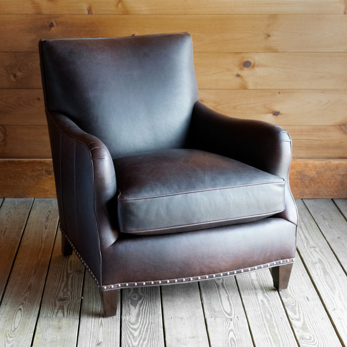 Lounge Chair and Ottoman Upholstered in Dark Mahogany Full-Grain Leather with Nailhead Trim