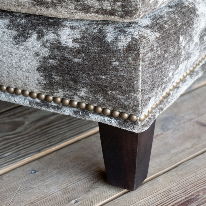 Club Chair and Ottoman Upholstered in Moss Green Gray Crushed Velvet with Nailhead Trim
