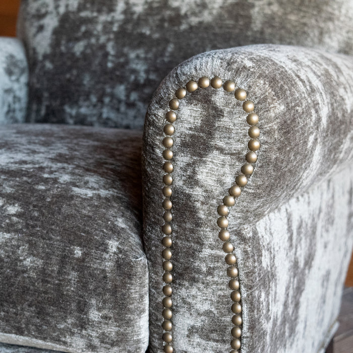 Club Chair and Ottoman Upholstered in Moss Green Gray Crushed Velvet with Nailhead Trim
