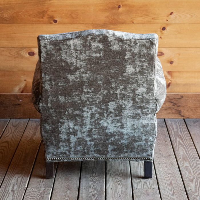 Club Chair and Ottoman Upholstered in Moss Green Gray Crushed Velvet with Nailhead Trim