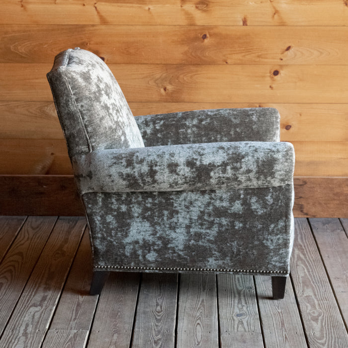 Club Chair and Ottoman Upholstered in Moss Green Gray Crushed Velvet with Nailhead Trim