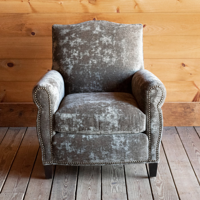 Club Chair and Ottoman Upholstered in Moss Green Gray Crushed Velvet with Nailhead Trim