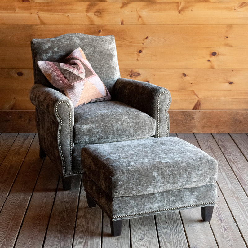 Club Chair and Ottoman Upholstered in Moss Green Gray Crushed Velvet with Nailhead Trim