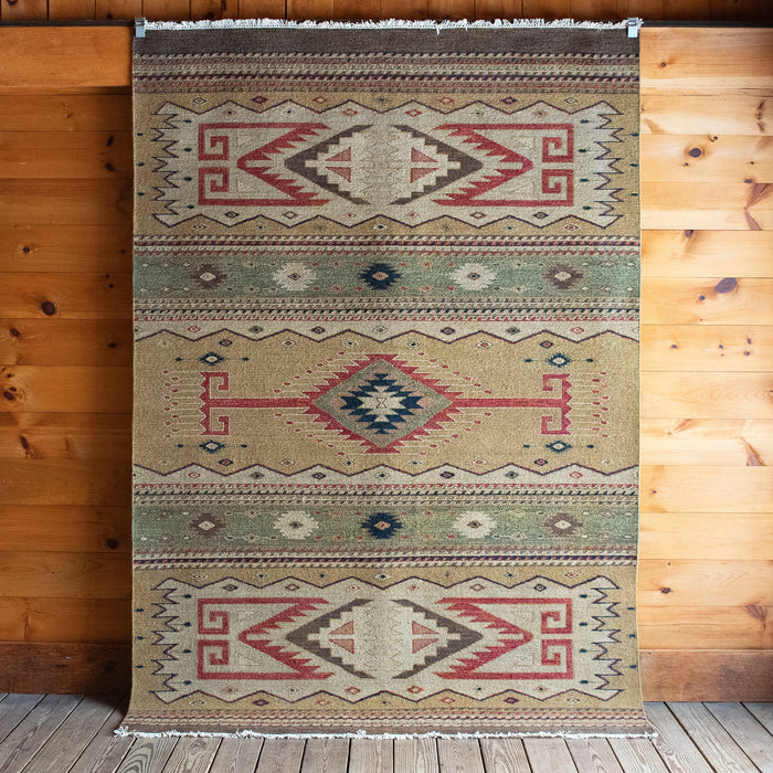 Hand Woven Wool and Cotton Sumak Weave Rug with Southwestern Motifs