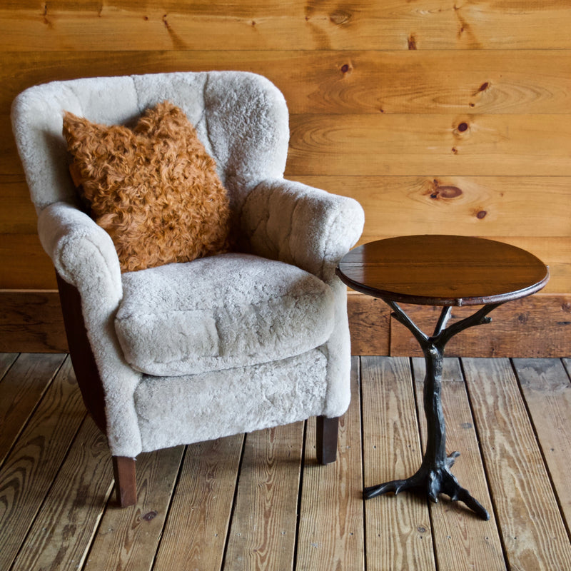 Iron Root Base Side Table with Barnwood Top Paired With Our Shearling Chair