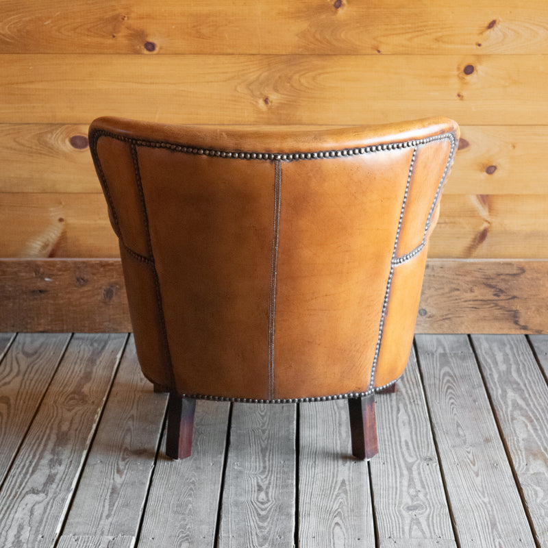 Small Buffalo Leather Club Chair with Nailhead Trim and Rounded, Angled Frame