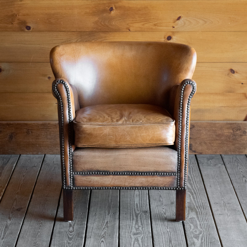 Small Buffalo Leather Club Chair with Nailhead Trim and Rounded, Angled Frame