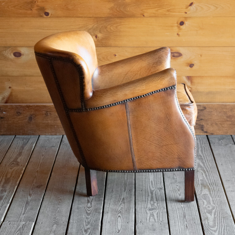 Small Buffalo Leather Club Chair with Nailhead Trim and Rounded, Angled Frame