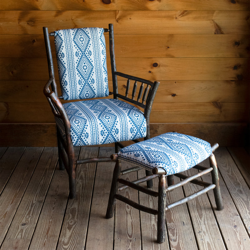 Hickory Chair and Ottoman Upholstered in Blue and White Embroidered Lee Jofa Fabric
