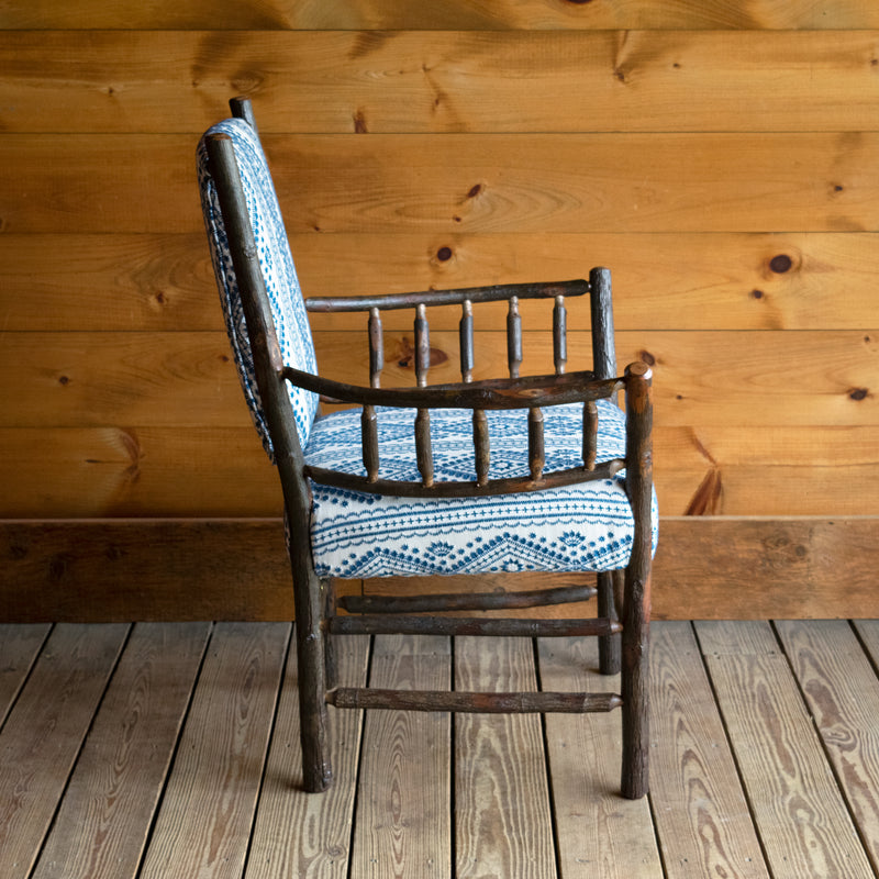 Hickory Chair and Ottoman Upholstered in Blue and White Embroidered Lee Jofa Fabric