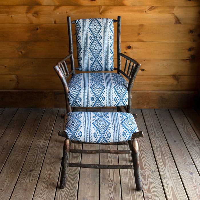 Hickory Chair and Ottoman Upholstered in Blue and White Embroidered Lee Jofa Fabric