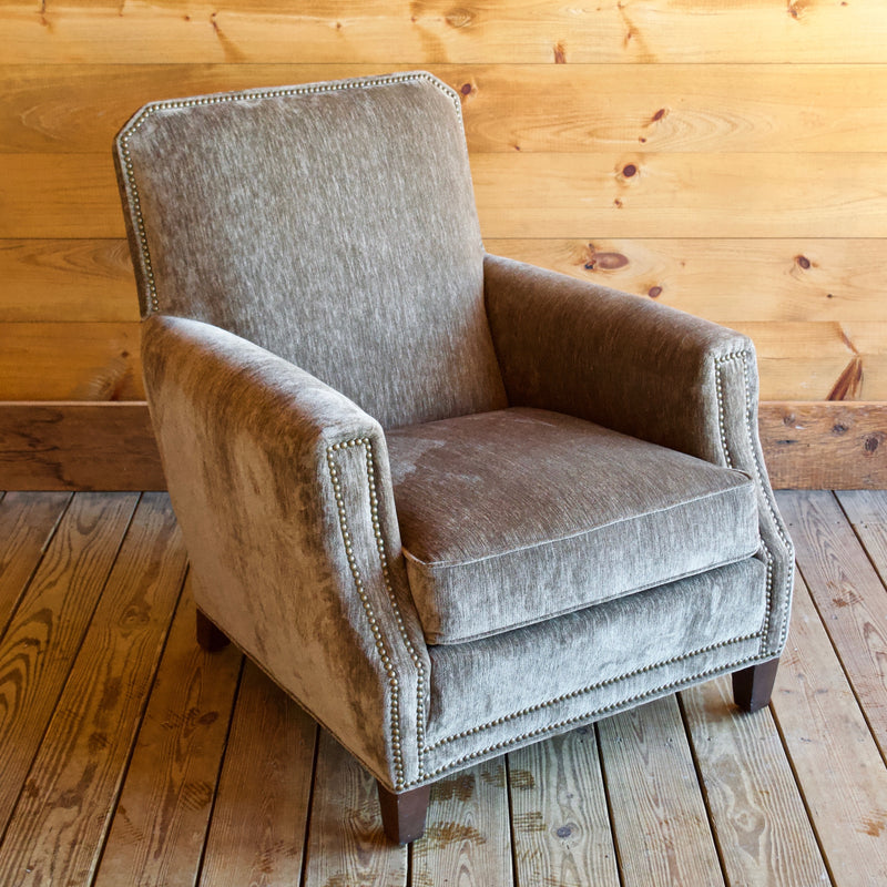 Rustic Gray Velvet Arm Chair with Nailhead Trim