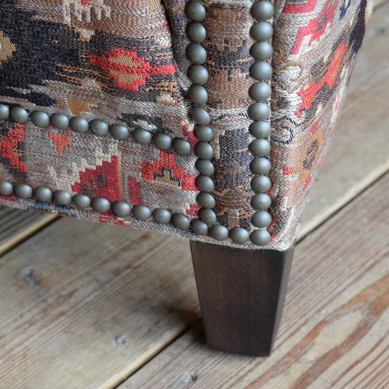 Rustic Club Chair Upholstered in Jacquard Rug-Inspired Tapestry with Nailhead Trim