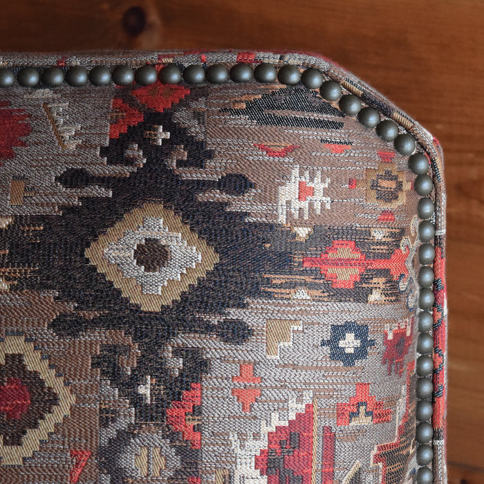 Rustic Club Chair Upholstered in Jacquard Rug-Inspired Tapestry with Nailhead Trim