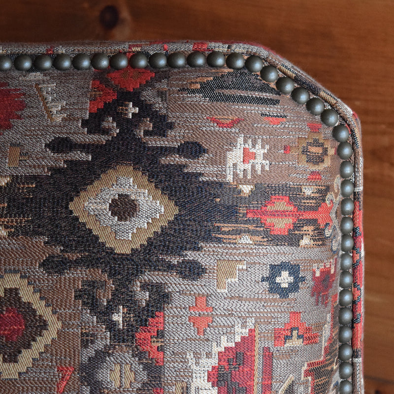 Rustic Club Chair Upholstered in Jacquard Rug-Inspired Tapestry with Nailhead Trim