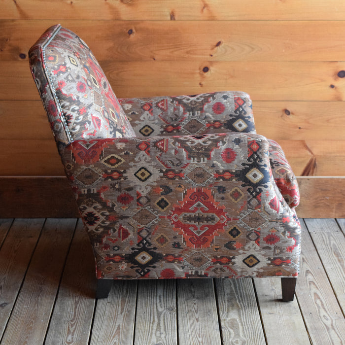 Rustic Club Chair Upholstered in Jacquard Rug-Inspired Tapestry with Nailhead Trim