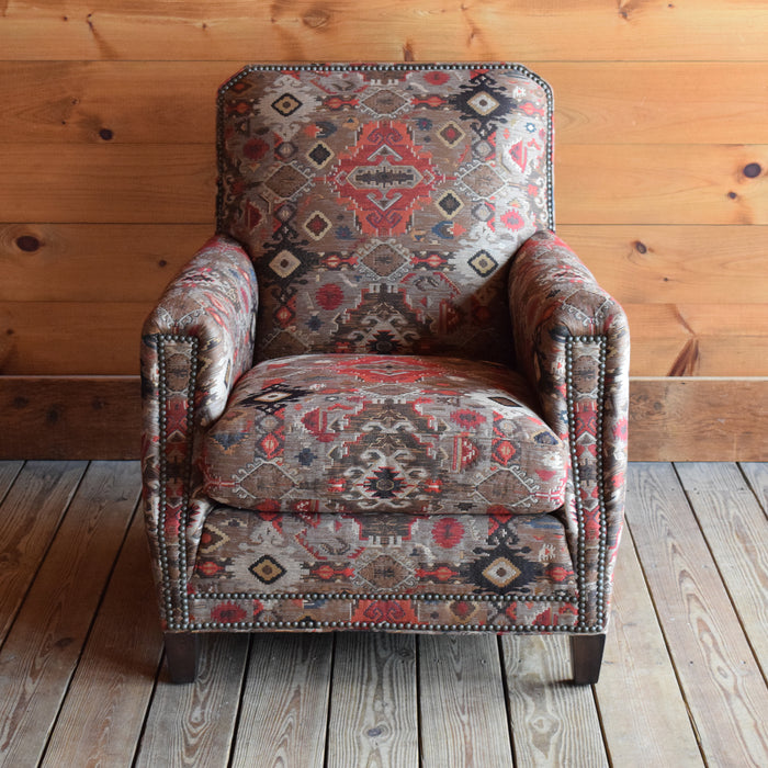 Rustic Club Chair Upholstered in Jacquard Rug-Inspired Tapestry with Nailhead Trim