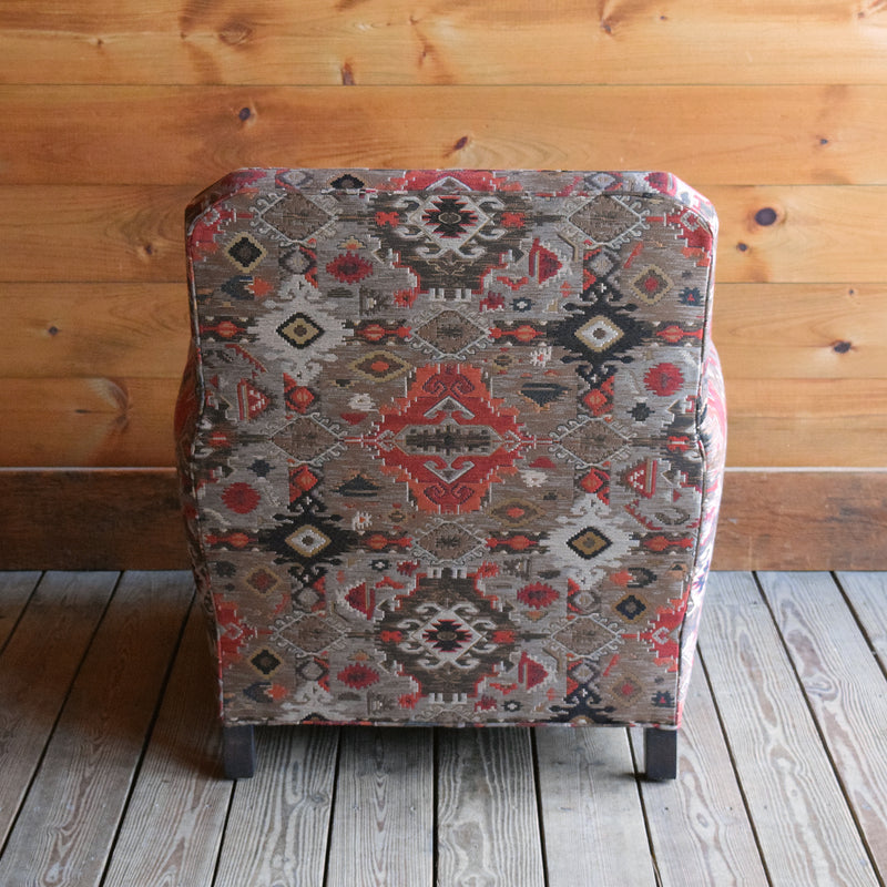 Rustic Club Chair Upholstered in Jacquard Rug-Inspired Tapestry with Nailhead Trim