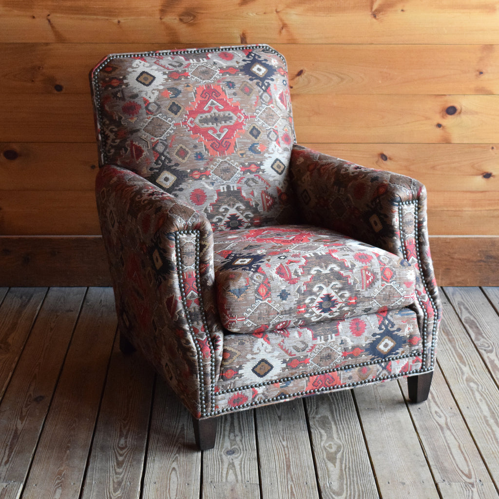 Rustic Club Chair Upholstered in Jacquard Rug-Inspired Tapestry with Nailhead Trim