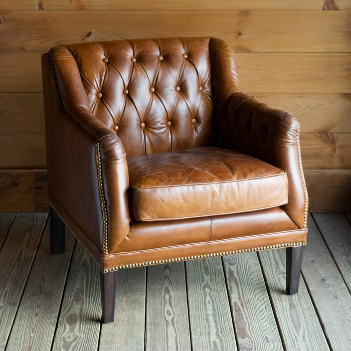  Vintage Cigar Leather Chair with Button Tufting, Solid Wood Frame, and Rustic Nailhead Trim