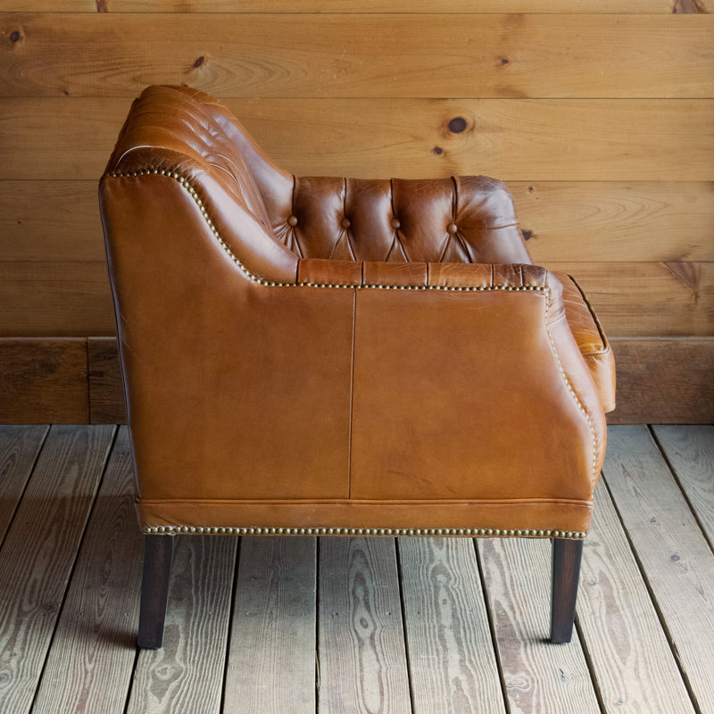  Vintage Cigar Leather Chair with Button Tufting, Solid Wood Frame, and Rustic Nailhead Trim