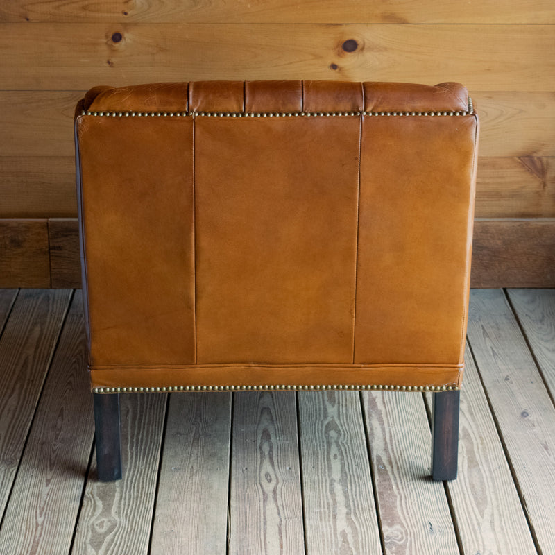 Vintage Cigar Leather Chair with Button Tufting, Solid Wood Frame, and Rustic Nailhead Trim